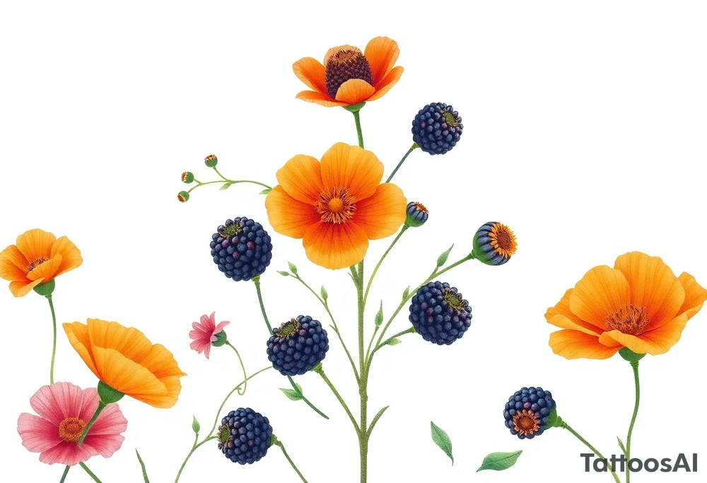 California wildflowers, poppies, and orange and orange blossoms. Blackberries plant/flower. tattoo idea