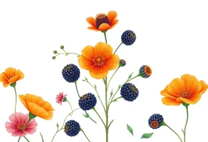 California wildflowers, poppies, and orange and orange blossoms. Blackberries plant/flower. tattoo idea