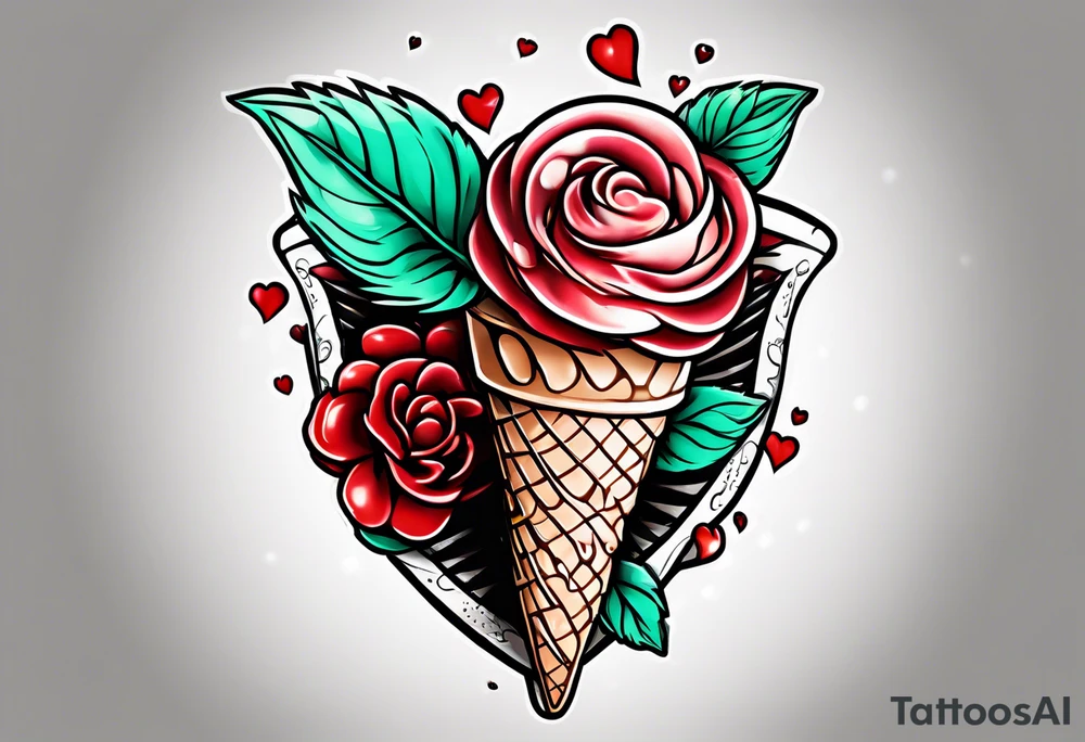 mint chocolate chip ice cream cone with small red heart on it somewhere. tattoo idea