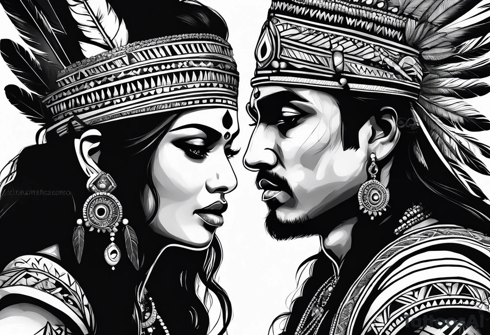 tribal indian couples with bow and arrows tattoo idea
