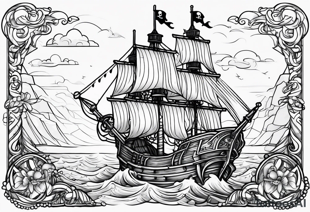 Pirate ship win water with castle next to it tattoo idea