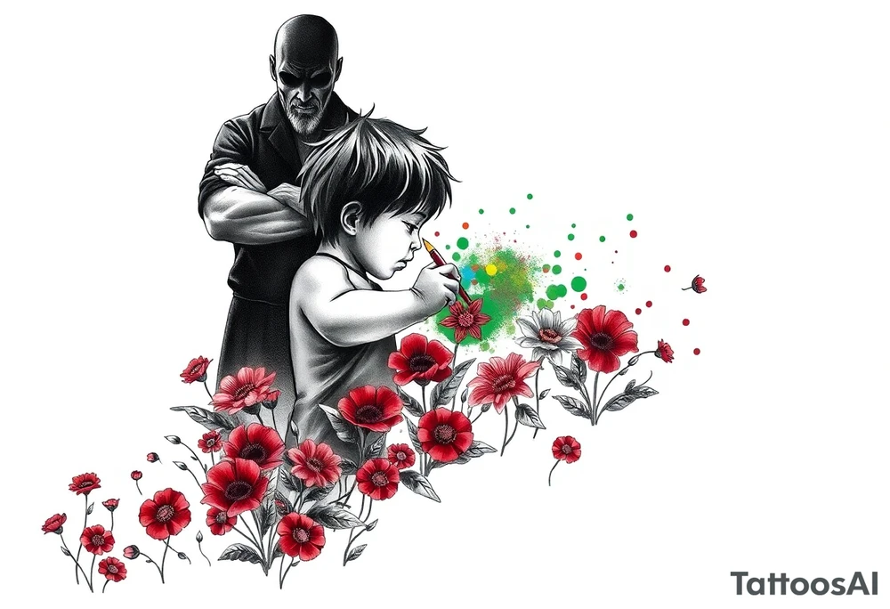 Concept:
A child holding a paintbrush, painting a field of flowers. The flowers are initially all red and green, but as the child moves forward, a burst of multicolored flowers begins to bloom, symbolizing creativity and breaking free from rigid rules. Behind the child, a shadowy figure (representing the strict teacher in the song) watches with crossed arms. The phrase "There are so many colors in the rainbow" could be subtly written in the design, blending into the artwork. tattoo idea