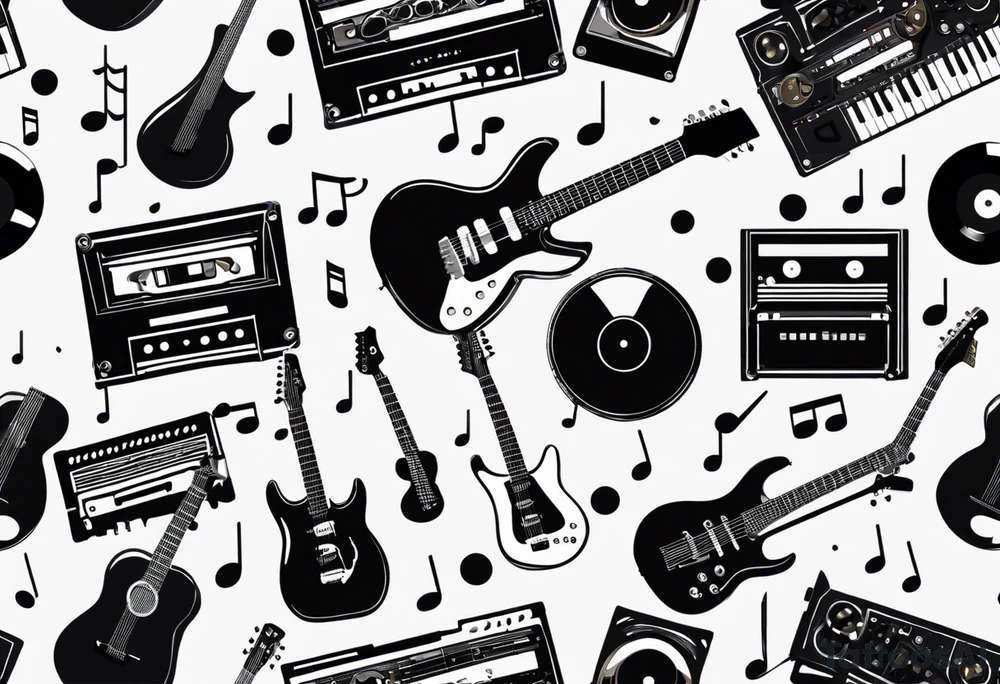 A stylized assembly of various music-related elements. At the center is a cassette tape with realistic details and proportions. It is overlaid with a keyboard, the keys extending outward on one side. There are electric guitars and drums. Intertwined with these are abstract designs, including straight and wavy lines, geometric shapes like triangles, and scientific elements like an atom model. tattoo idea