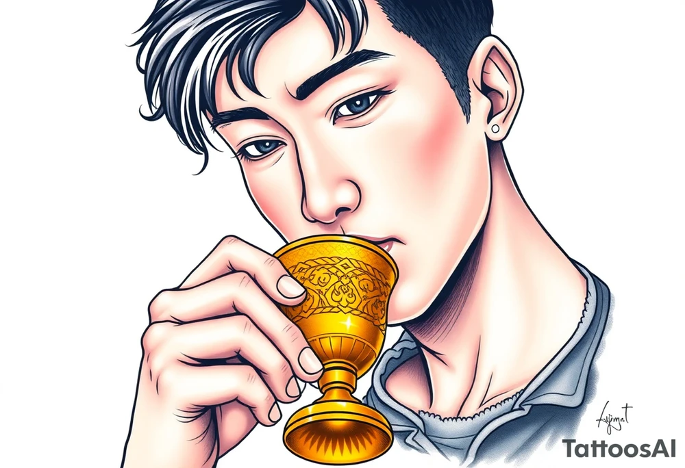 Handsome Asian young guy is drinking from medieval golden cup tattoo idea