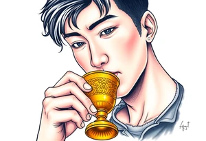 Handsome Asian young guy is drinking from medieval golden cup tattoo idea