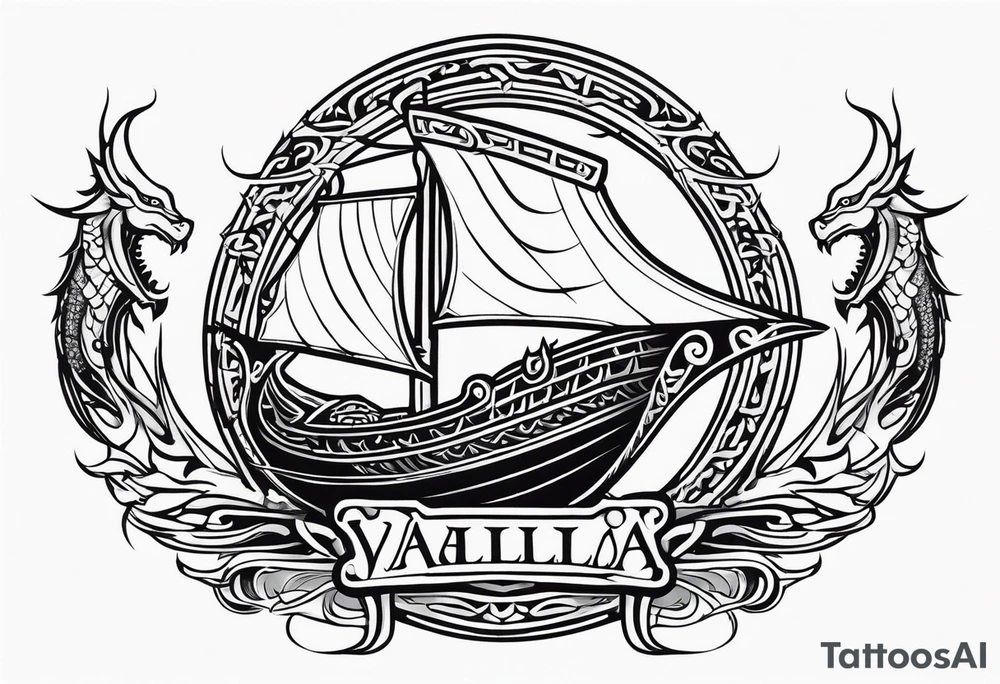 Valhalla sword shield viking ship dragon head tattoo idea