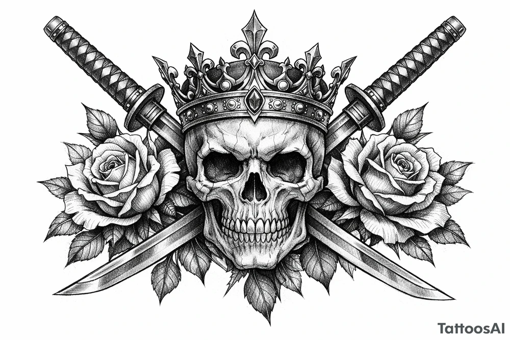 Skull with ornate crown, crossed katanas, and blooming roses, neo-traditional. tattoo idea