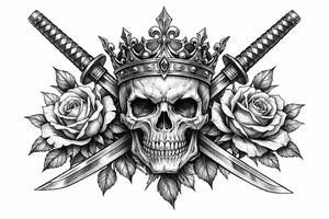 Skull with ornate crown, crossed katanas, and blooming roses, neo-traditional. tattoo idea