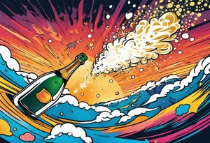 A champagne bottle exploding in the sky above the earth tattoo idea