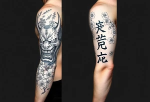 Japanese sleeve including an oni mask that is split in half, cherry blossoms, and the kanji for peace and love tattoo idea