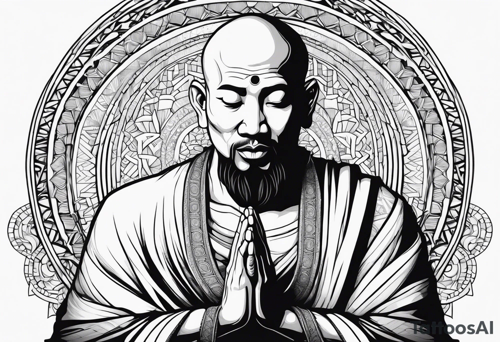 Monk head facing down meditating while doing namaste hand tattoo idea