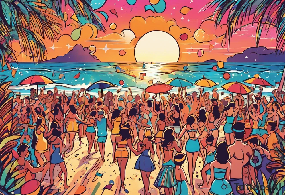 1960'S BEACH DANCE PARTY 
party, include confetti, music notes, 
, bikinis sunset in the center tattoo idea