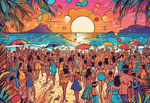 1960'S BEACH DANCE PARTY 
party, include confetti, music notes, 
, bikinis sunset in the center tattoo idea