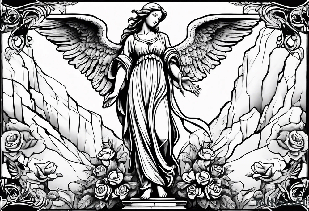 Simple Angel statue stood on a rock with daffodils and roses wrapped around its legs tattoo idea
