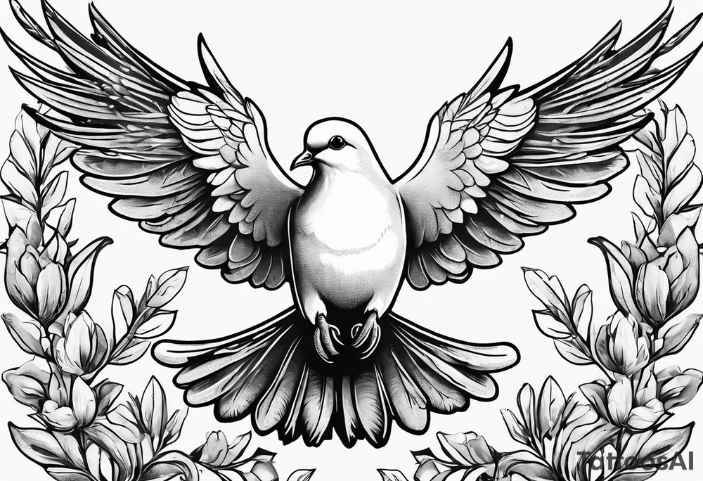 Dove soring through the air an olive branch in its beak whipping behind tattoo idea