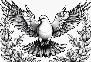 Dove soring through the air an olive branch in its beak whipping behind tattoo idea