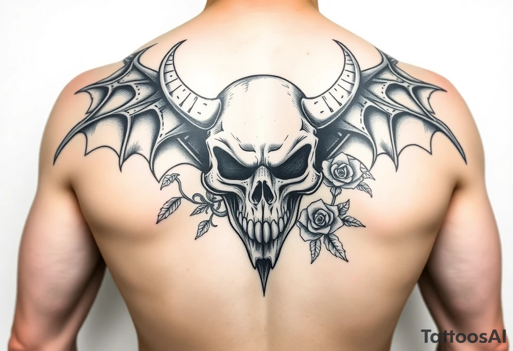 full back with demon Skull and motorcycle engine with
 roses tattoo idea