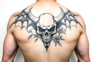 full back with demon Skull and motorcycle engine with
 roses tattoo idea