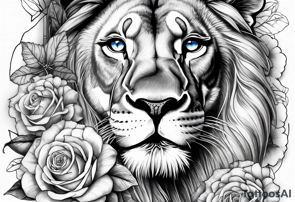 Lion with blue eyes with sunflowers, roses, gerberas and lillys with clocks tattoo idea