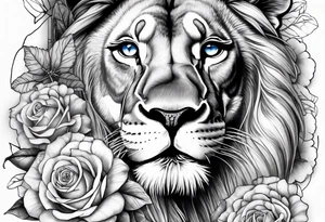 Lion with blue eyes with sunflowers, roses, gerberas and lillys with clocks tattoo idea