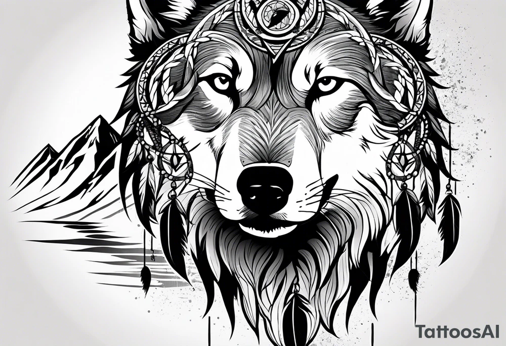 Wolf head in front of snowy mountains howling at a moon that is in a dream catcher tattoo idea