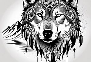 Wolf head in front of snowy mountains howling at a moon that is in a dream catcher tattoo idea