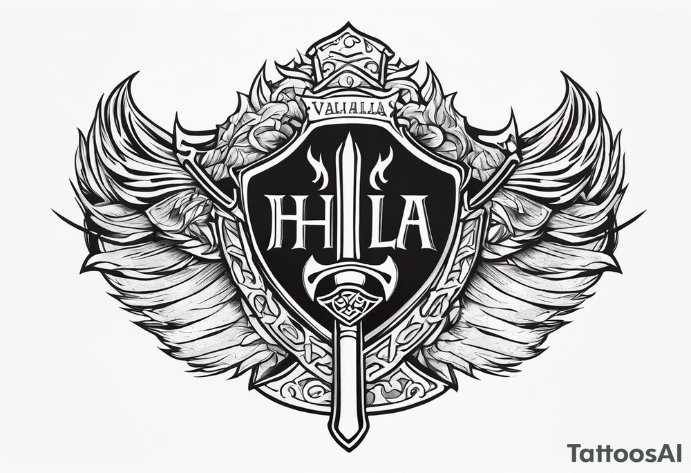 valhalla on fire sword shield axe tattoo idea