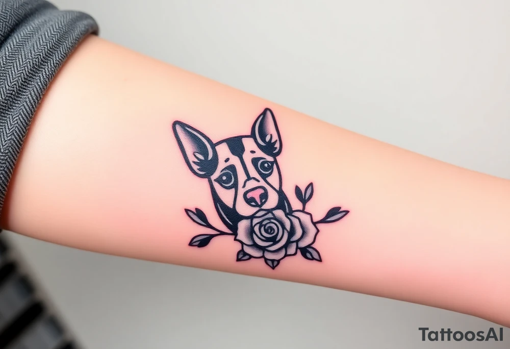 Cute female  large hound dog mix Brindle dog with the name kiwi . And a tiny rose around her . With her ears pointy a little big tattoo idea