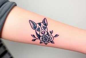 Cute female  large hound dog mix Brindle dog with the name kiwi . And a tiny rose around her . With her ears pointy a little big tattoo idea