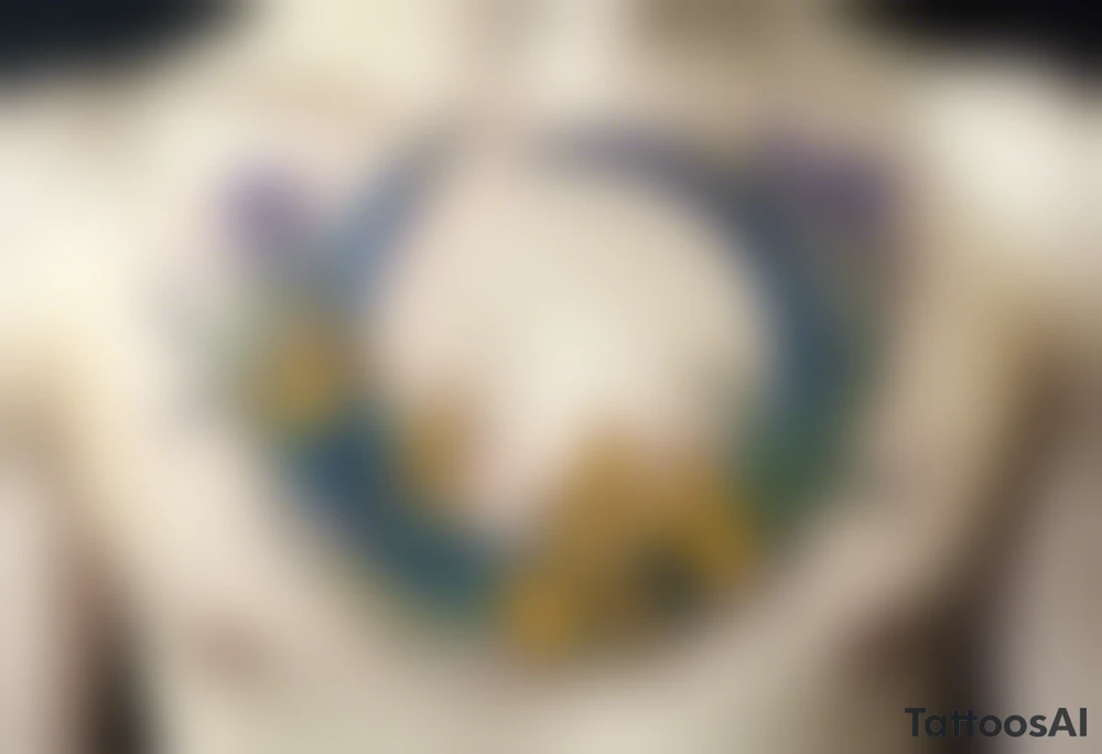 Create a small, colorful Vincent van Gogh Irises tattoo in the form of a crescent, with vines gracefully intertwining at a central point in the middle of the wreath. The intended placement is on the upper chest. The overall design should be small in size while maintaining a delicate and artistic aesthetic. Pay attention to the graceful flow of the vines and the placement of the irises to achieve a refined and elegant look. tattoo idea