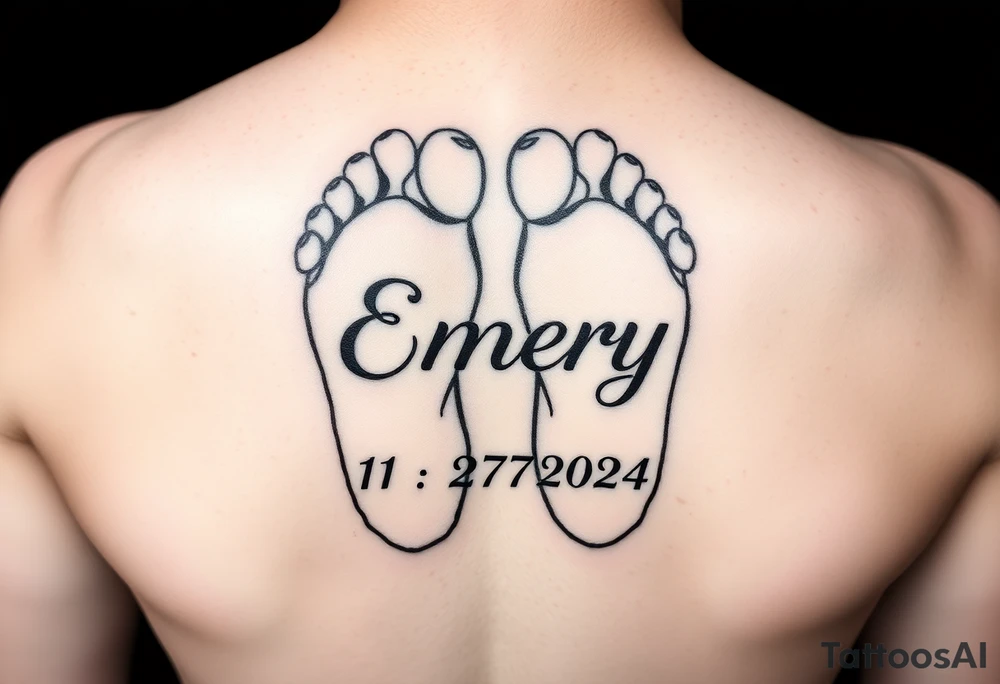 Baby feet with the name Emery and his date of birth in Roman numbers 11/27/2024 and his weight 5 pounds 12 ounces tattoo idea