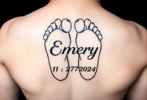 Baby feet with the name Emery and his date of birth in Roman numbers 11/27/2024 and his weight 5 pounds 12 ounces tattoo idea