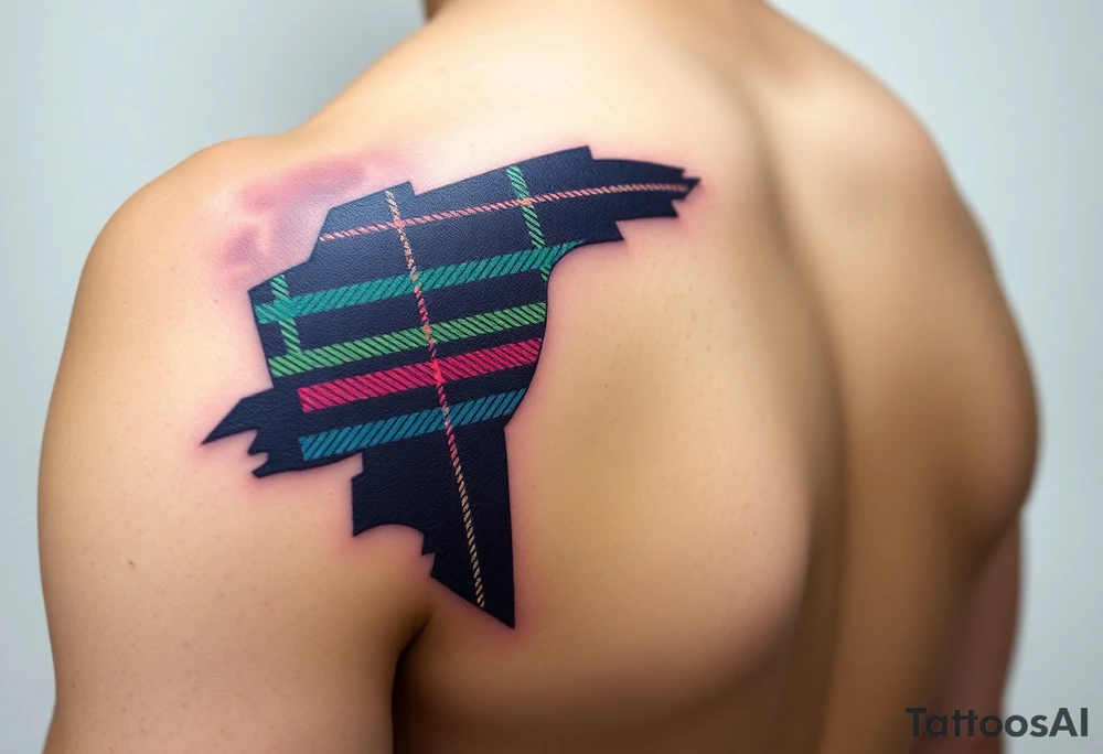 Side of arm Dark Purple with green pink blue and white highlights tartan fabric with skin peeling away at edges tattoo idea