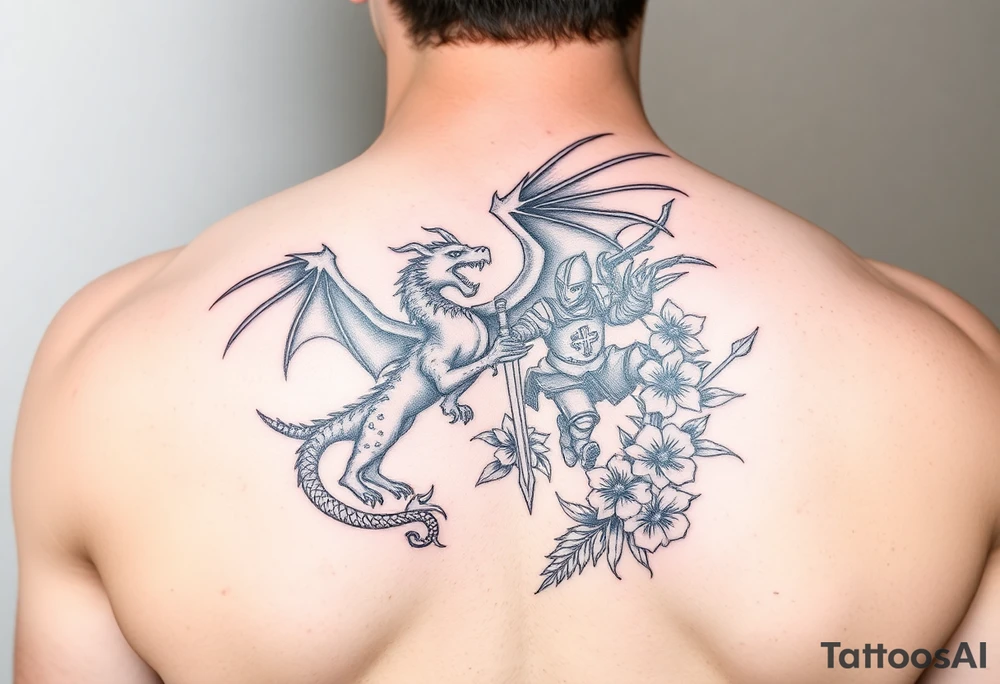 Powerful winged dragon fighting a knight with flowers tattoo idea