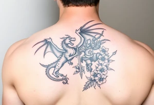 Powerful winged dragon fighting a knight with flowers tattoo idea