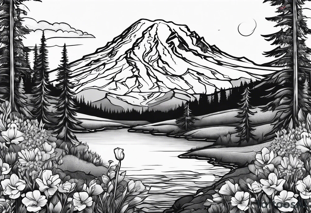 mount rainier with flowers around it tattoo idea