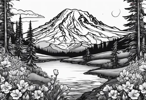 mount rainier with flowers around it tattoo idea