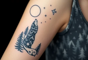 Lone wolf howling at the moon stars in the night sky in a forest with a little dove in the sky tattoo idea