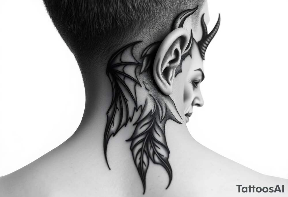 position behind the neck Angel (on the right) whispering in the right ear, demon (on the left) whispering in the left ear. It must be as realistic as possible. tattoo idea