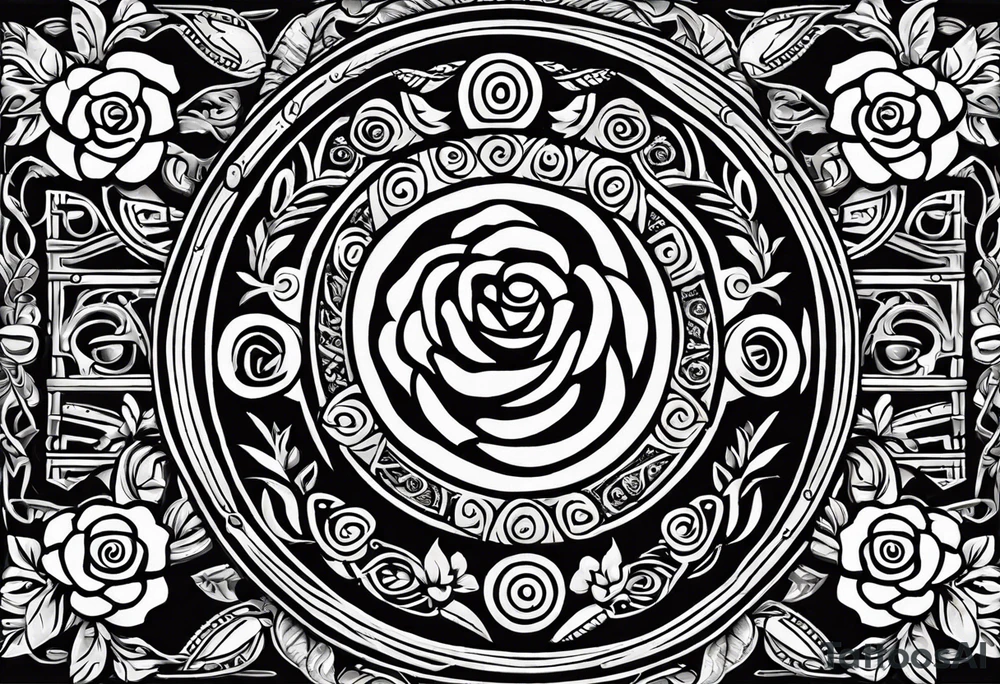 Design a masculine tattoo depicting three delicate rose buds being embraced and protected by 
Aztec weapons. The weapons should include elements such as the macuahuitl (Aztec sword-club), obsidian blades, and Mayan calendar, arranged in a way that forms a protective circle or embrace around the roses. Carve the entire image as if it were a stone sculpture by an ancient Aztec artist, with the texture resembling intricately detailed stone carvings. The roses should be slightly softer but still stylized in stone, giving the entire tattoo a powerful, yet artistic and ancient feel. Use bold, sharp lines to capture the essence of Aztec craftsmanship tattoo idea