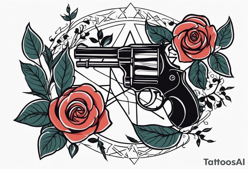 Revolver, roses, plants, pentagram tattoo idea