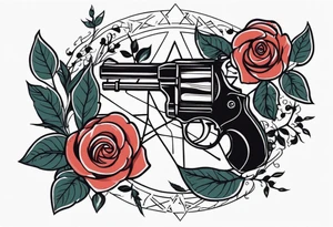 Revolver, roses, plants, pentagram tattoo idea