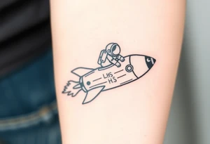 Busted Rocket ship with sparks coming out the back  with astronaut riding it. It has LHS written on it and K and J on the nose tattoo idea