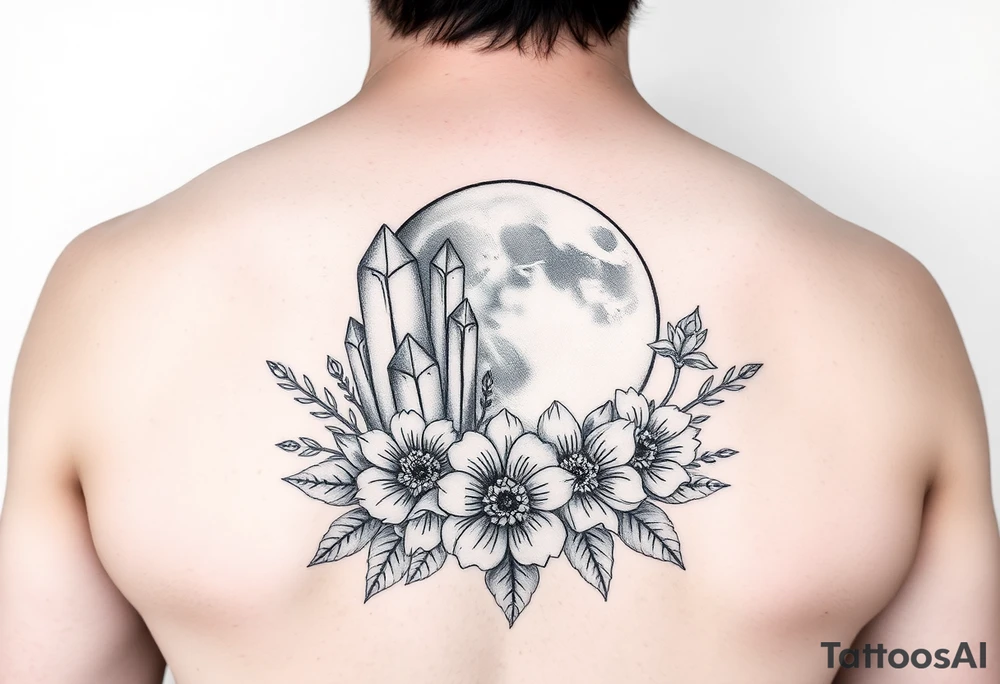 crystals and half the moon and flowers tattoo idea