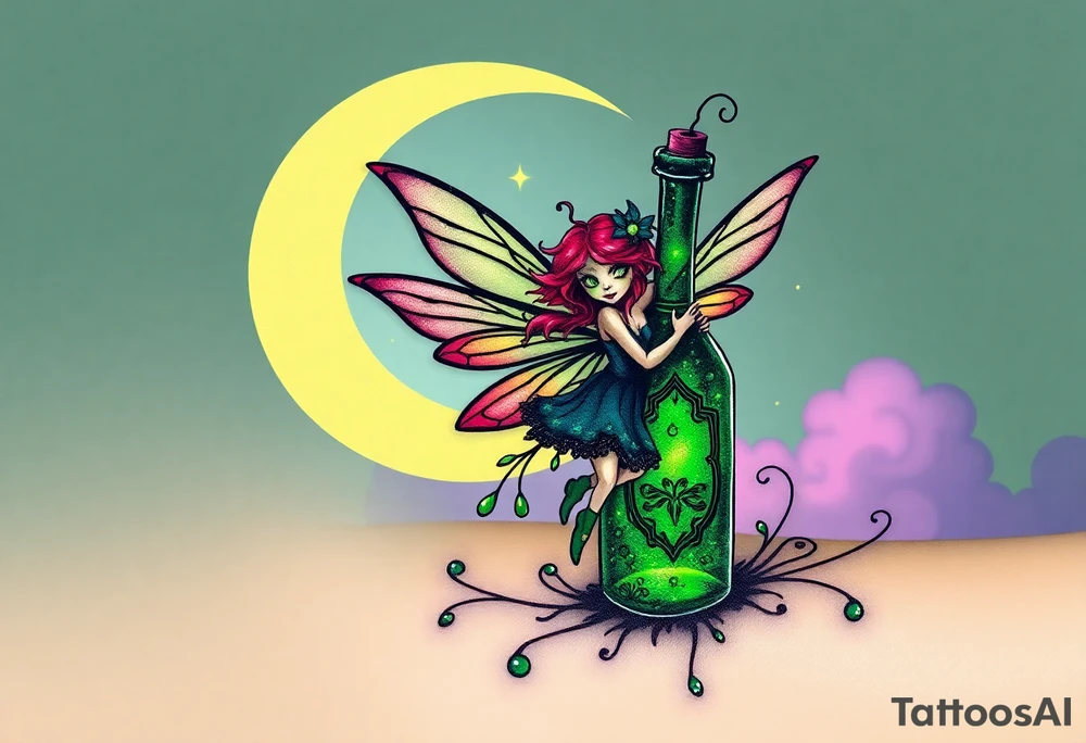 Tim Burton’s green absinthe fairy flitters outside her victorian absinthe bottle it sparkles with magic and dripping with muted reds, dusty pinks, and eerie green glow.purple and cyan smokey clouds swirl in the crescent moonlit sky thats sprinkled with stars tattoo idea tattoo idea