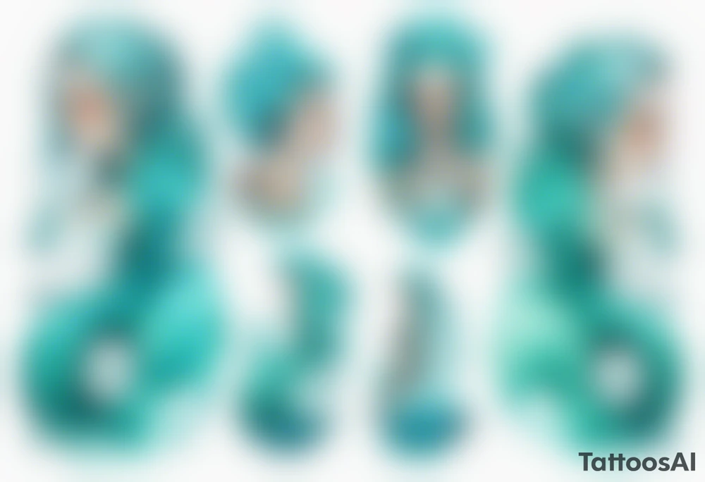 a tall woman made of water with turquoise hair sitting upon a wave tattoo idea