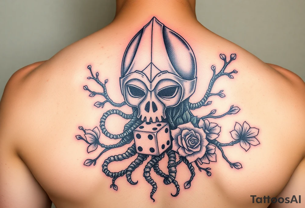 squid knight helmet combined with tree roots, cherry blossoms and roses rolling dice tattoo idea