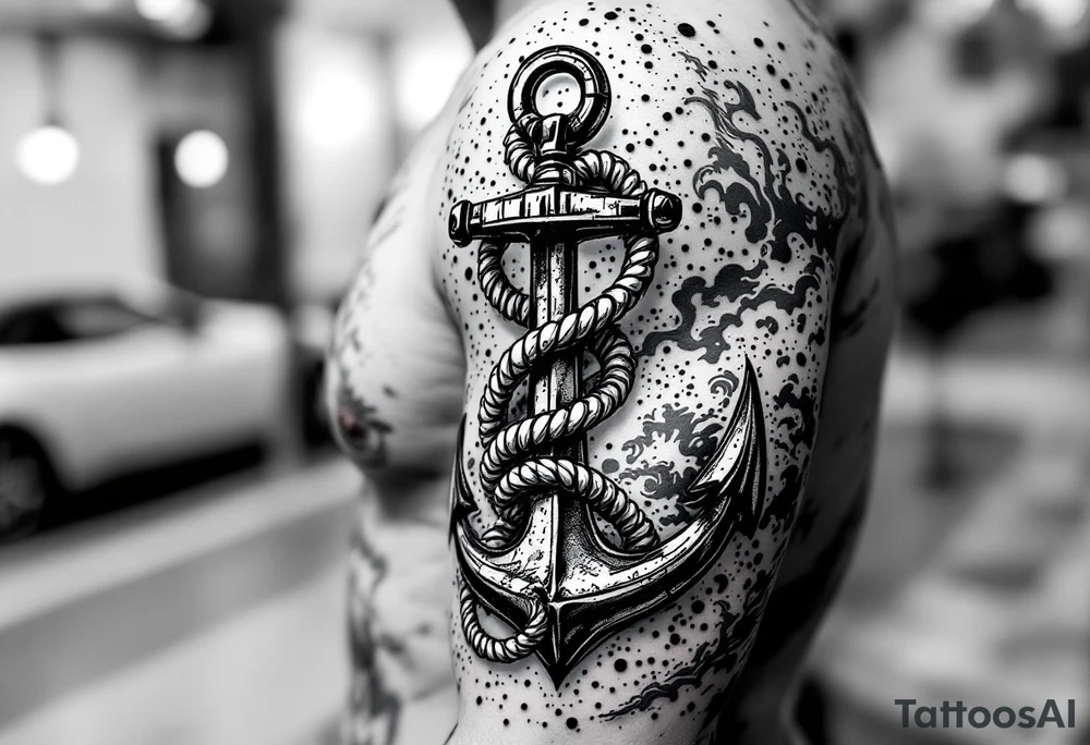 weathered anchor wrapped in nautical rope with sea waves tattoo idea