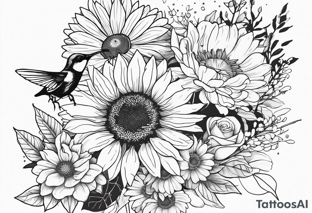 Floral sleeve tattoo with sunflower, daisies, roses, bleeding heart flowers, asters, baby’s breath, humming birds, spiders, butterflies, bees, and greenery. tattoo idea