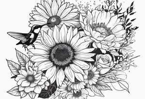 Floral sleeve tattoo with sunflower, daisies, roses, bleeding heart flowers, asters, baby’s breath, humming birds, spiders, butterflies, bees, and greenery. tattoo idea